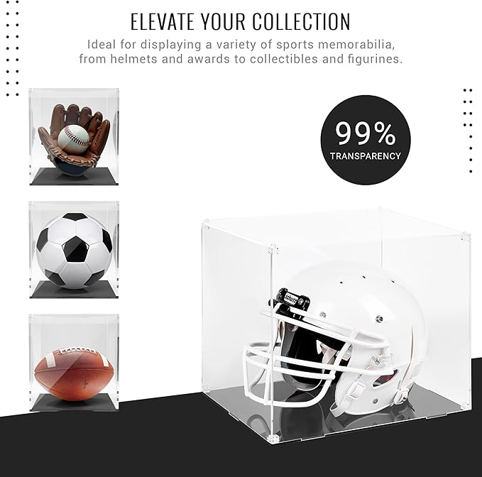 Football Helmet Display Case to Proudly Display your Team – Crystal Acrylic Dust and UV Protection Helmet Case with Black Base, Self-Assembly Clear Display Box for Football