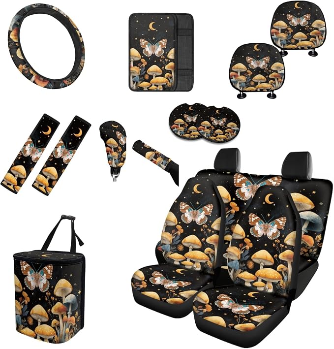 Mushroom Moth Floral Car Seat Covers Full Set 15 Pcs Universal Car Accessories Steering Wheel Cover Seat Belt Pads Garbage Bag Car Headrest Pillow Covers Armrest Pad