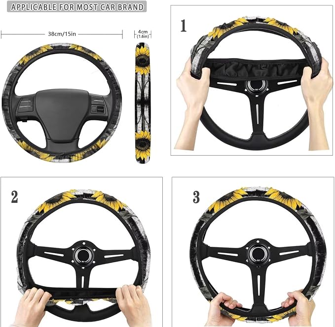POLERO American Flag Sunflower Seat Cover for Cars Patriotic Car Accessories 11pcs Sets with Steering Wheel Cover/Seatbelt Pads/Coasters/Keychains