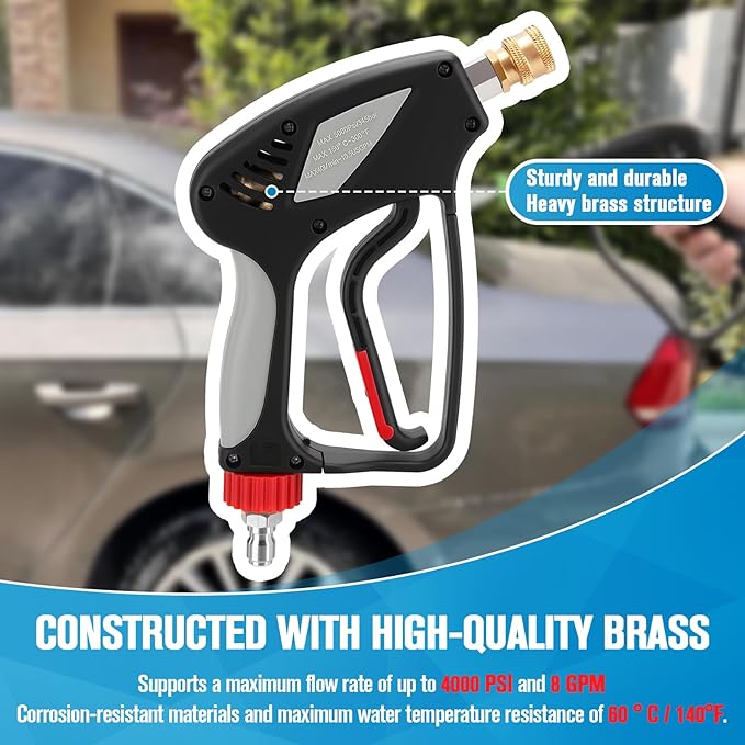 Short Pressure Washer Gun, Pressure Washer Gun with Nozzle Tips, 3/8" Quick Connect Plug and M22-14mm Fitting, 5000 PSI