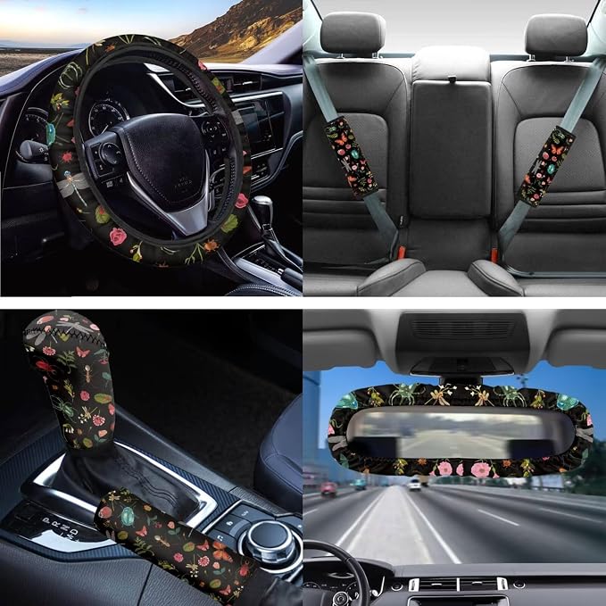 Cottagecore Car Interior Set Forest Butterfly Insect Car Seat Covers Elastic Auto Steering Wheel Cover+Non Slip Coaster+Gear Shift Knob & Handbreak Cushion for Most Vehicle Truck