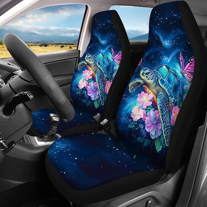 Sea Turtle Car Cover Seats Full Set with Steering Wherl Cover Seat Belt Cover Pad Turtle Flower Car Accessories Set 17 Pcs Car Floor Mats Set of 4 Auto Supplies for Women,Universal Fit