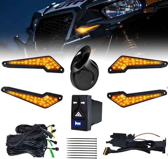 UTV Turn Signal Kit with Upgrade 4-in-1 Rocker Switch and Triangular Amber Light,Pre-Wired, Plug and Play with Horn,Compatible with Polaris, Kawasaki, Pioneer, Can-Am, Kawasaki, CFMOTO