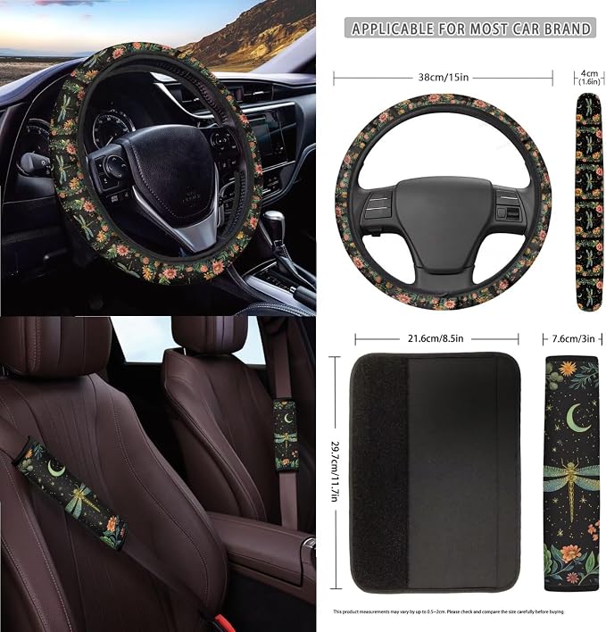 Flower Dragonfly Moon Print Car Seat Cover Set 15 PCS, with Steering Wheel Cover Seat Belt Pad Garbage Bag Air Vent Pocket Rearview Mirror Cover for SUV Trucks Vans Sedans