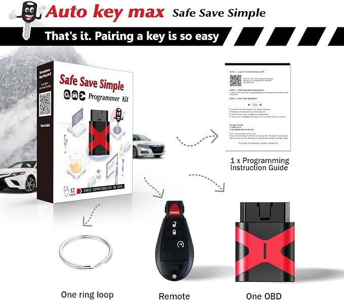 Programmable Keyfob, Replacement Car Keys Fob and DIY Programmer Kit for 2013-2017 Dodge RAM 1500 2500 3500 Remote GQ4-53T