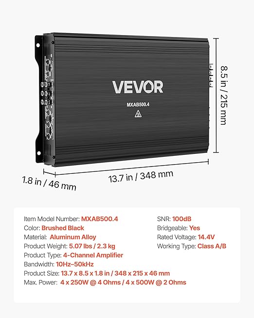 VEVOR 4 Channel Car Audio Amplifier 2 Ohm Stable Bridgeable Class A/B Full Range Amp Max Power 4 x 250W @ 4 Ohm / 4 x 500W @ 2 Ohm for Car SUV Truck Off-Road