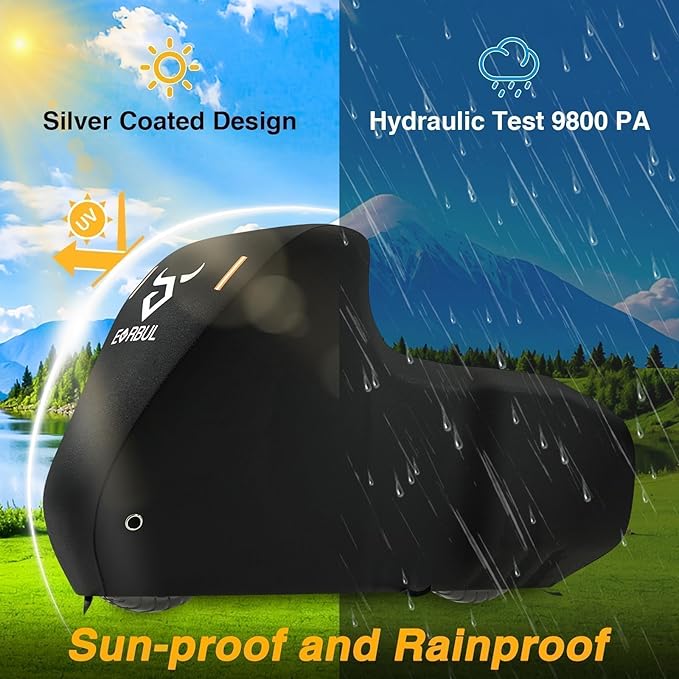EVRBUL Motorcycle Cover Heavy Duty 420D Outdoor All Seasons Motorbike Sun Cover Protection Compatible with Harley Davidson Road Glide Custom Street Glide Low Rider and up to 98’’ Most Motorcycle