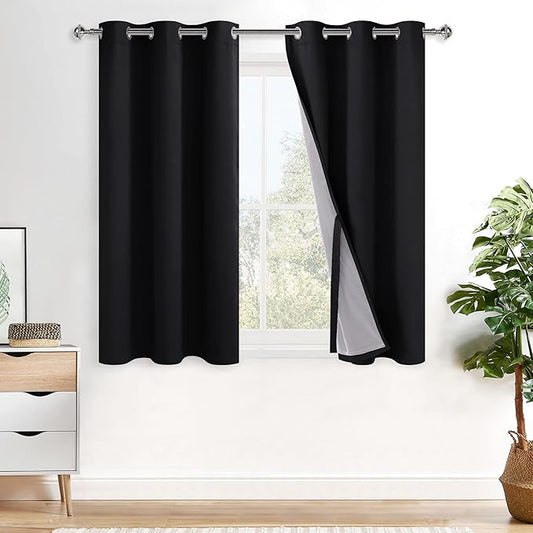 XWZO 100% Blackout Curtains 45 Inches Length with Tiebacks- Full Shade Window Drapes Thermal Insulated Double Layer with Black Liner for Bedroom/Living Room, Grommet Top, Black, W42 x L45, Set of 2