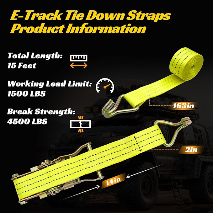 6 Pack 2" x 15' Heavy Duty Ratchet Straps - 4500LBS Break Strength - Tie Down Straps with J-Hooks for Trucks, Trailers, Motorcycles, and Cargo（Yellow）