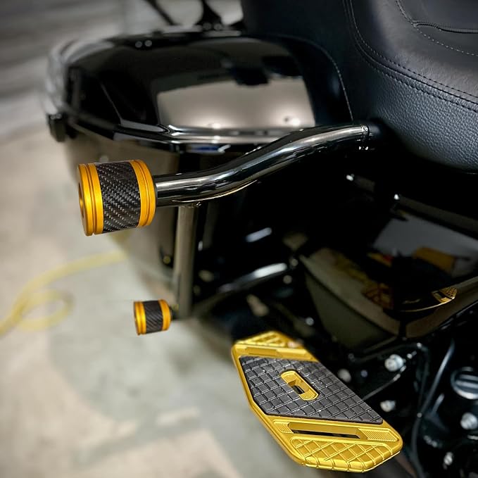 Motorcycle front and rear crash bar decorative wheels, engine crash bar sliders, and saddlebag crash bar decorative covers, CNC machined with embedded carbon fiber accents. (golden)