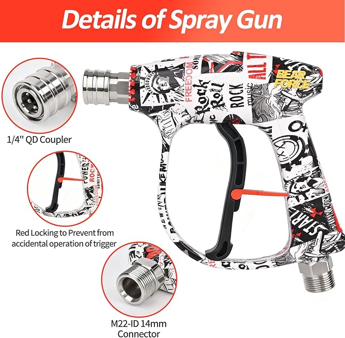BEAR FORCE High-pressure Water Gun Painted with American-style Elements M22-ID14mm Inlet Max 3000Psi & Foam Cannon 32oz, for Bosch, Nilfisk, Sun Joe, Koblenz, Truper Electric Pressure Washer, Car Wash