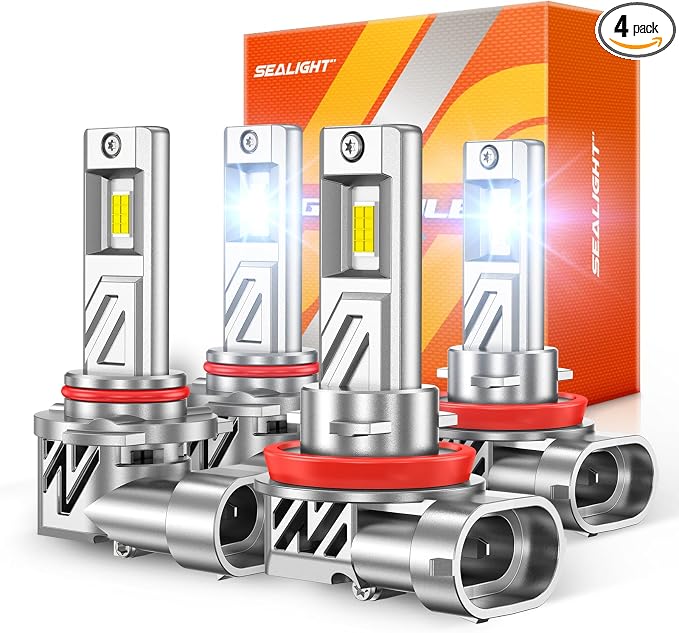 SEALIGHT 9005 H11 Light Bulbs Combo, 88000LM 6500K Output Canbus Ready, 9005/HB3 H11/H8/H9 LED Bulbs For Powersports IP68 80000Hrs Lifespan, 1:1 Size 3Mins Installation, 4 Pack