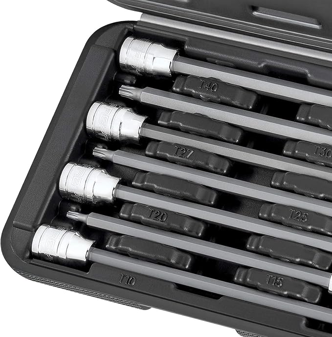 CARBYNE 7-Piece Torx Extra Long Bit Socket Set, T10 to T40, 3/8 in. Drive, S2 Steel Bits, CrV Sockets, Zinc Phosphate, 6.1 in. Length, Durable Case, Genuine Licensed Torx
