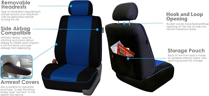 FH Group Universal Fit Front Set BlueCar Seat Covers – Airbag Compatible, Washable Seat Covers for SUV, Sedan, and Van