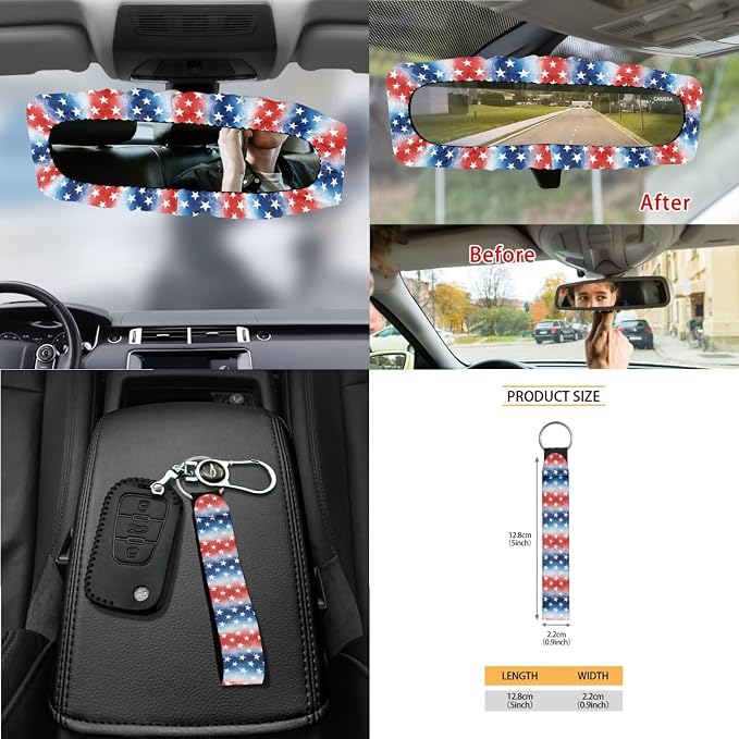 Wanyint Car Seat Cover Set 15 PCS, with Steering Wheel Seat Belt Strap Rear View Mirror Cover Trash Can Cup Coaster Keychain Air Vent Storage Bag 4th of July Patriotic Decor, Star Stripe US Flag