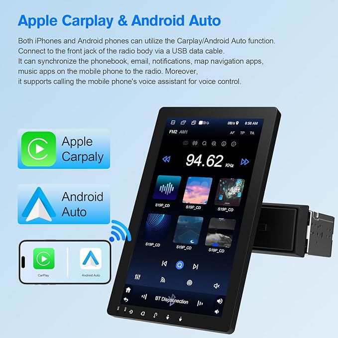 Haudio 10.1" Single DIN Car Stereo with Wireless Apple CarPlay & Android Auto, Android 13 Floating Touchscreen, Split Screen, Bluetooth, WiFi, Mirror Link, AHD Camera, 2GB+32GB