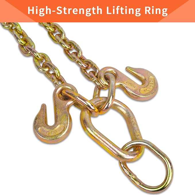 3/8" Grade 70 V-Type Transport Tow Chain w/15 J-Hooks 2Ft Long Shank Legs for Flatbed Truck Tie Trailer Tractor Car Wrecker Tow Chain,7800Lbs Working Load Limit,G70 Steel Towing Bridle,Yellow