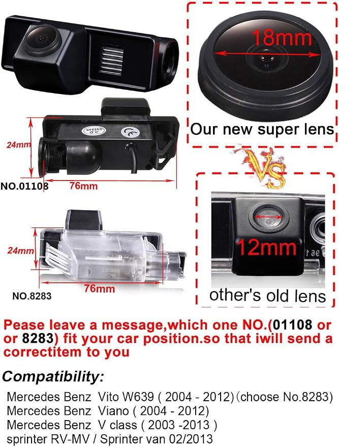 1280 * 720 Pixels Car Rear View Backup Camera Replacement for Mercedes Benz Vito W639 2004-2012 Viano 2004-2012 V Class 2003-2013 RV-MV 1 Sprinter Van 02/2013 Parking Reverse Vehicle Camera