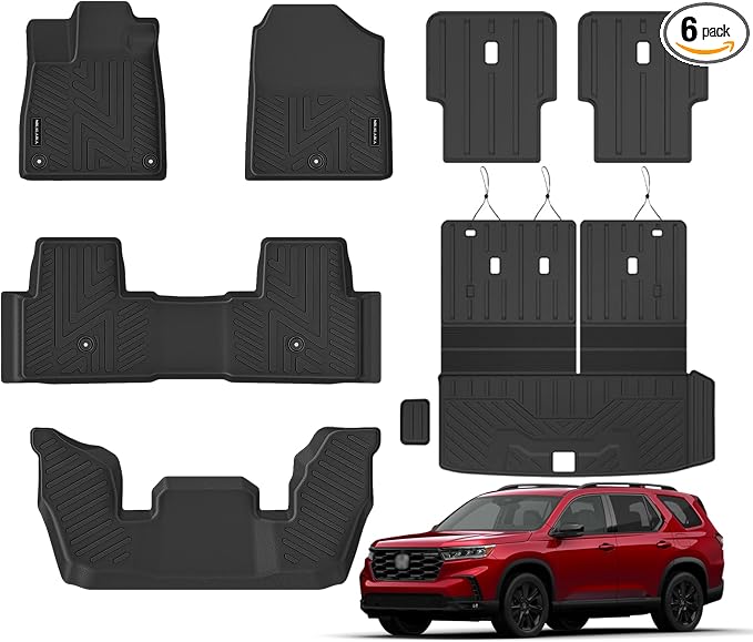 Floor Mats & Cargo Liner with Backrest Mat for Honda Pilot 2023-2025 2026 All Weather Protection TPE Rubber Full Set Floor Liners Trunk Mat for 2024 Honda Pilot Automotive Accessories, Black