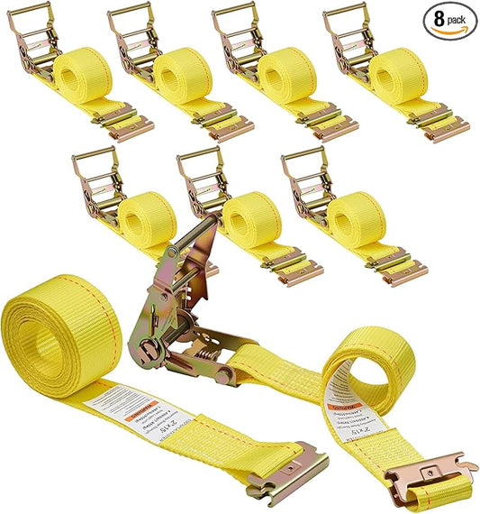 E-Track Ratchet Straps -8 Pack, 4,400 LB Breaking Strength, 2" x 12' Feet Heavy Duty ETrack Straps with 4 Feet Fixed End and Spring E-Fittings Yellow E Track Accessories Cargo Straps