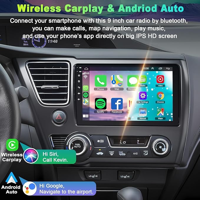4G+64G Car Radio for Honda Civic 2013-2017(Only US Version) with Wireless Carpaly & Android Auto,9 Inch IPS Touch Screen Car Stereo with GPS Navigation/Bluetooth 5.2/FM/Backup Camera/WiFi/SWC/HiFi