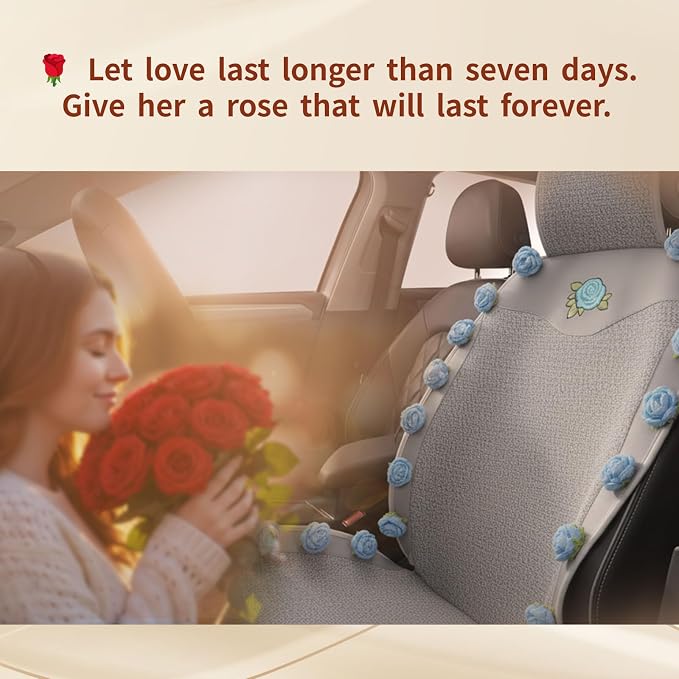 Universal Car Seat Covers,Handmade Floral Grey&Blue Rose Cushion,Leather&Cotton Blend,Cute Interior Seat Cover for Cars,SUVs & Trucks,Car Accessories Gift for Women (1-Piece)