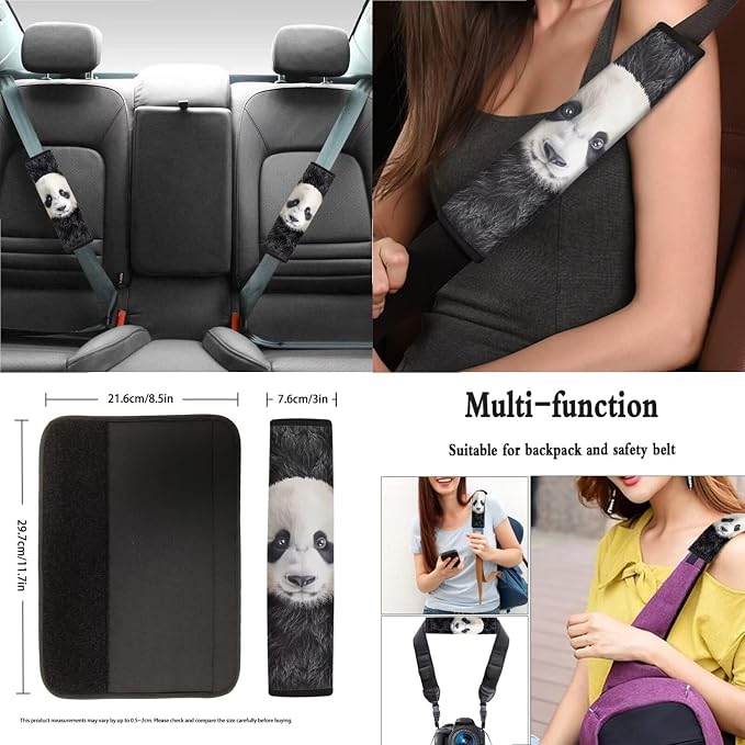 Panda Print Car Accessories Pack of 13, Auto Front and Rear Seat Cover Set of 4, 1 Steering Wheel Cover, 4 Seat Belt Cover, 4 Cup Holder Coasters Universal Fit for Most Cars