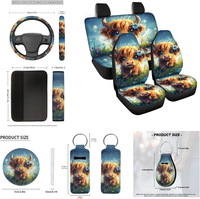INSTANTARTS Cute Highland Cow Full Set of 13 Car Front Back Seat Covers Seat Belt Pads Car Cup Holders Lip Gloss Tube Sleeve Keychain Steering Wheel Cover