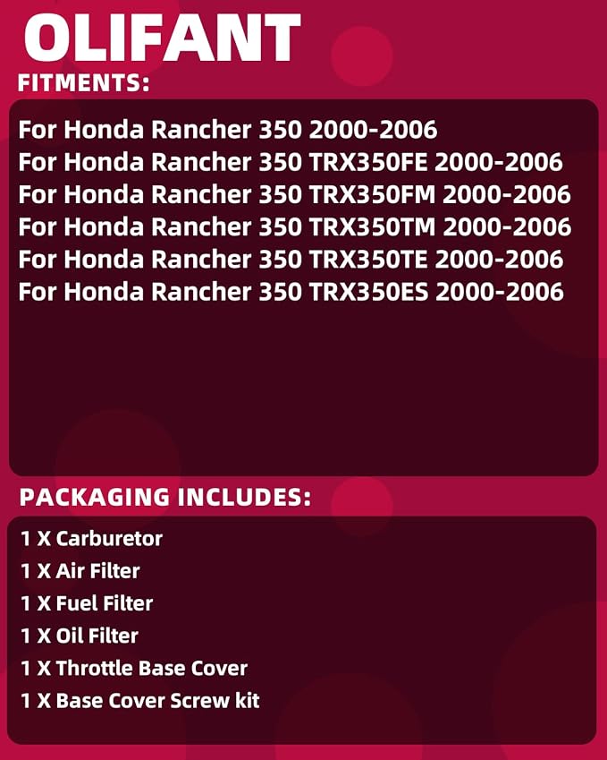 Carburetor For Honda Rancher 350 TRX350 2000-2006 TRX350FE TRX350FM TRX350TM TRX350TE TRX350ES With Air Filter Oil Filter