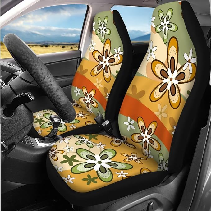 Hippie Floral Design Car Seat Cover Full Set for Women, Car Steering Wheel Cover Auto Center Console Pad Seat Belt Pads, Universal Automotive Interior Accessories Set of 8