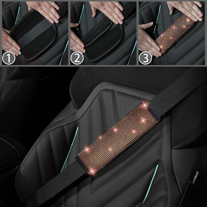 NBTEPEM 12 Pcs Bling Car Accessories Set for Women Car Floor Mats Full Set Steering Wheel Cover Seat Belt Covers Coasters Universal Fit Car SUV Truck Van Champagne