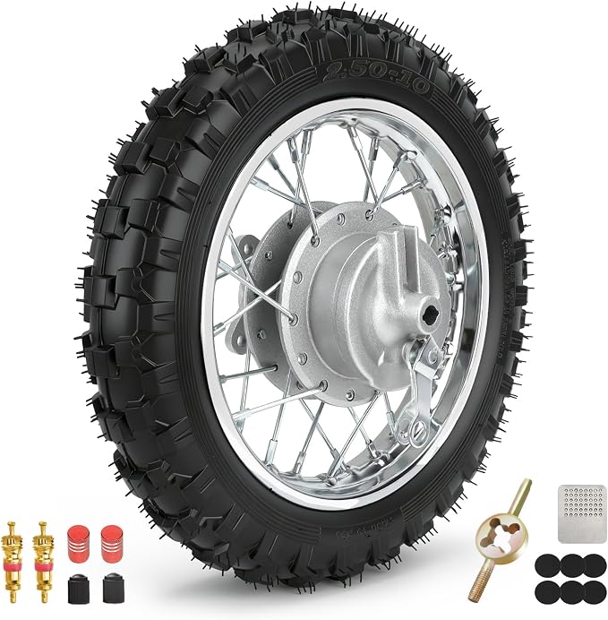 2.5-10 Dirt Bike Rear Wheel Compatible with CRF50 SSR70 TTR50 XR50, 2.5 x 10 Tire & Rim for Apollo Taotao 50cc 70cc 90cc 110cc Pit Bike Motorcycle Parts with Drum Brake Pad Shoe Assembly Silver