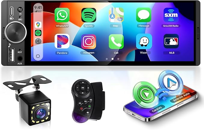 Single Din Car Stereo with Wireless CarPlay & Android Auto, 6.28" Incell Touchscreen Car Radio, Bluetooth, FM, USB, SWC, EQ, Backup Camera Included, 1 Din Car Audio Receiver
