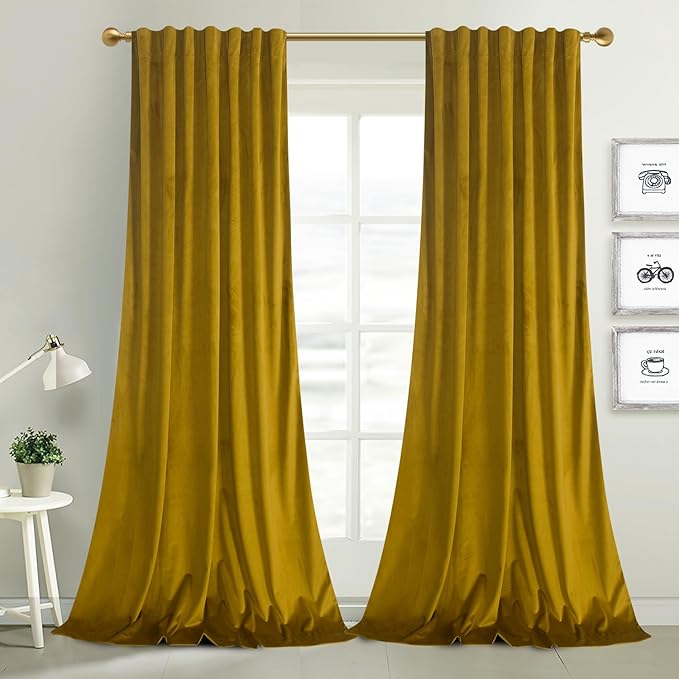 Roslynwood Luxury Soft Olive Yellow Velvet Curtains 84 inches Long Back Tab Thermal Insulated Blackout Window Drapes for Living Room/Bedroom/Dining Room, W52 x L84, 2 Panels