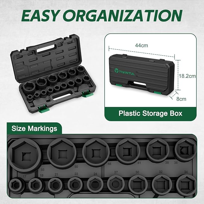 3/4 Inch Drive Impact Socket Set, 15 Pieces Metric 17-55 mm | Heavy Duty 6-Point CR-MO Steel Impact Sockets, Impact Socket Set for Auto, Truck and Large Machinery Maintenance