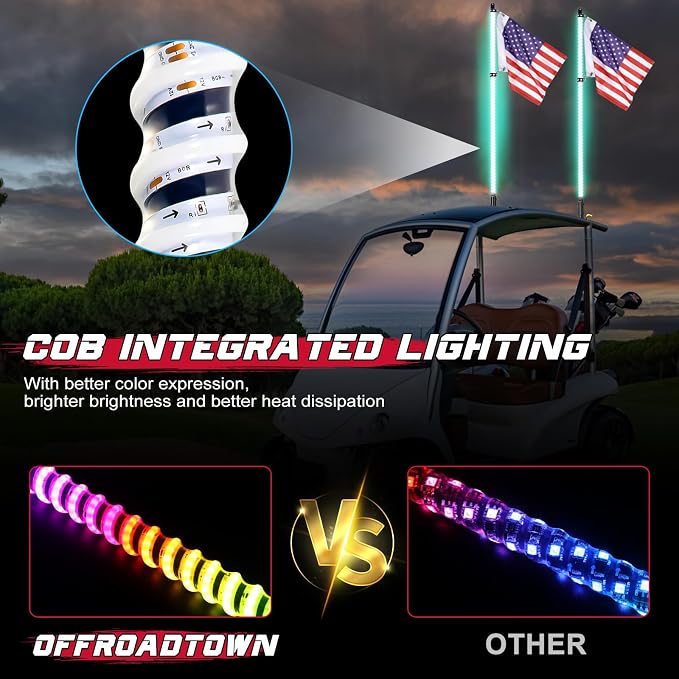 OFFROADTOWN 2PCS 4FT COB LED Whip Lights Bluetooth APP Remote Control RGB Lighted Whips Turn Signal Light Chasing Warning Light Antenna Spiral LED Whips for UTV SXS Polaris RZR Can-Am ATV Truck
