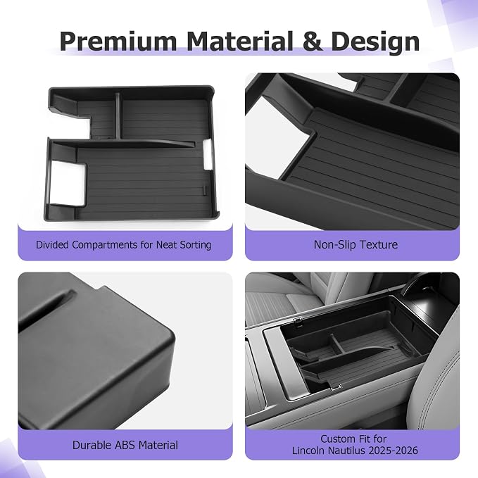 LUWU 2026 Lincoln Nautilus Center Console Organizer for 2025 2026 Lincoln Nautilus Accessories Armrest Storage Tray Armrest Console Storage Box Insert Tray ABS Material Black Coin Container
