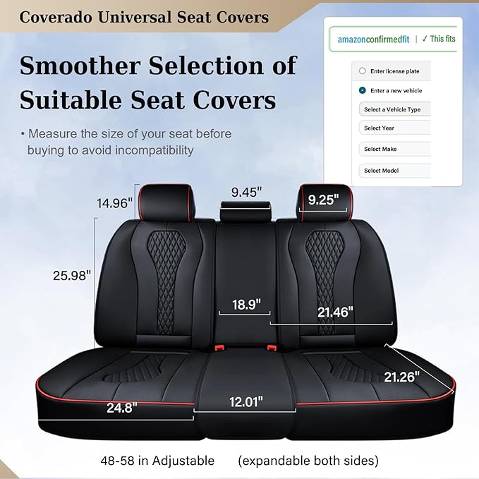 Coverado Car Seat Covers, Rear Car Protectors, Black Leather Seat Covers, 3-Piece Waterproof Automotive Seat Covers for Back Seats Universal Fit for SUVs & Cars, All-Weather Protection