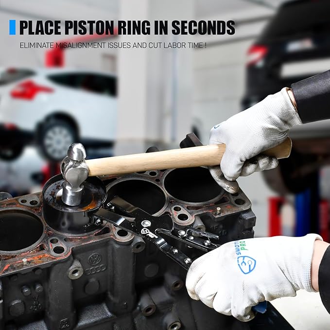 SMOTIVEPRO 8 Piece Piston Ring Compressor Tool Set with Piston Ring Pliers and 7 Piston Rings from 2-7/8" to 4-5/8"(73mm-117mm), Ring Compressor for Car Engine