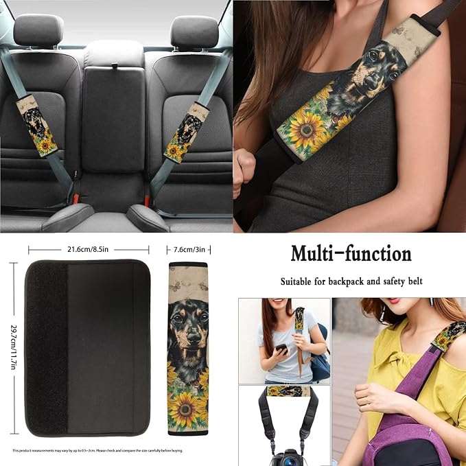Dachshund Sunflower Butterfly Print Car Seat Covers Full Set, Auto Accessories Pack of 13, 1 Soft Steering Wheel Cover, 4 Seat Belt Covers, 4 Washable Coasters, Universal Fit Most Cars