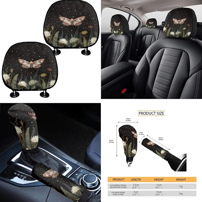 Teal Moth Moon Car Seat Covers Full Set 15 Pcs Universal Car Accessories Steering Wheel Cover Seat Belt Pads Garbage Bag Car Headrest Pillow Covers Armrest Pad
