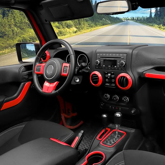 CheroCar 18PCS Interior Trim Kit for Jeep Wrangler JK JKU 2011-2018 4 Door,Steering Button Frame, Air Conditioning Vent Trim Cup Holder Cover,Gear Shift Knobs Frame,Red…