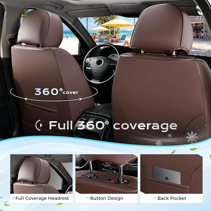 Coverado Car Seat Covers Full Set, 5 Seats Car Seat Protector, Leather Woven Universal Breathable Car Seat Cover Front Seats Back Seats, Car Seat Cushion Fit for Most Vehicles Brown