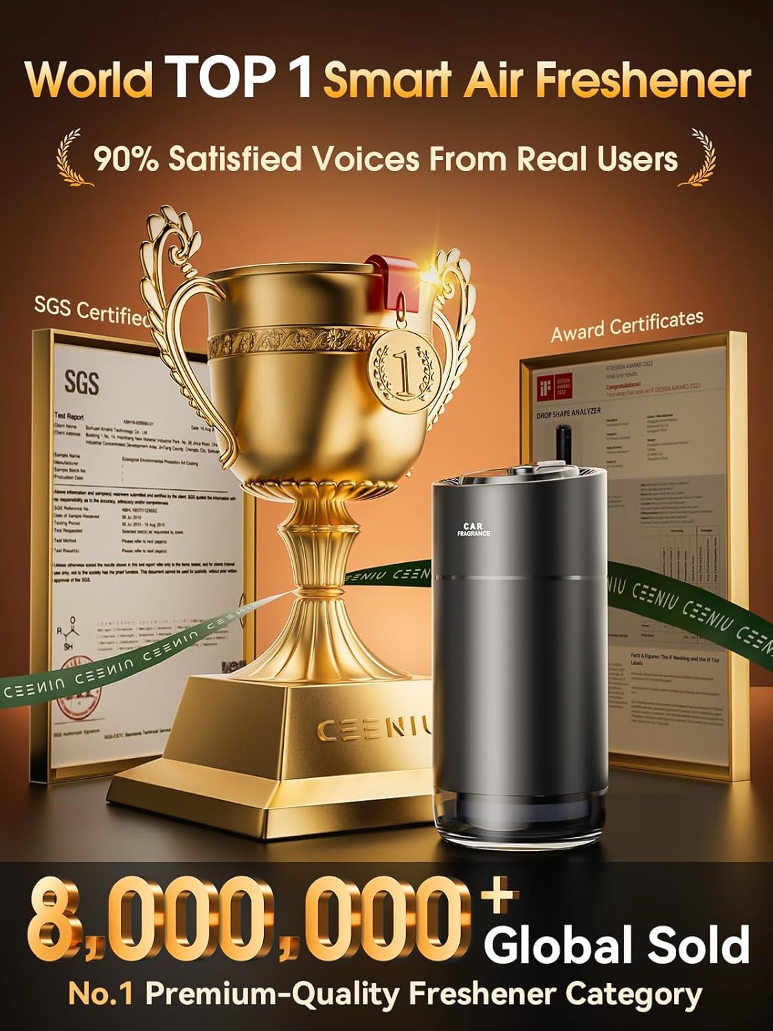 Ceeniu Smart Car Air Fresheners, New Smell Experience By Ultrasonic mist, Auto On/Off, Natural Fragrance Lasts for 4 Months, Adjustable, Built-in Battery Car freshener