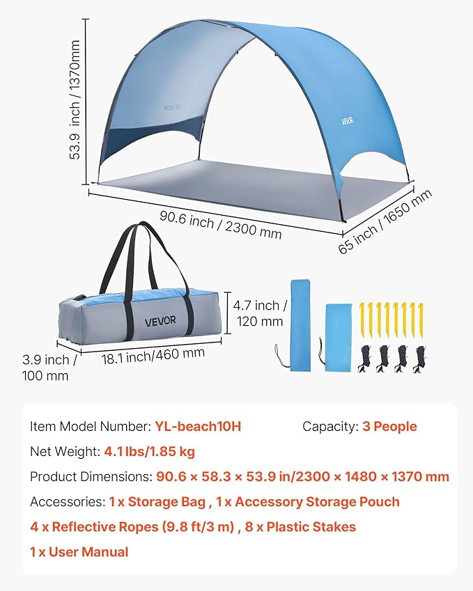 VEVOR Beach Tent Sun Shelter for 3 Person, UPF 50+, Portable Sun Shade Beach with Carrying Bag & Ground Stakes, Lightweight and Easy Setup Beach Umbrella for Camping Fishing Outdoor Picnic