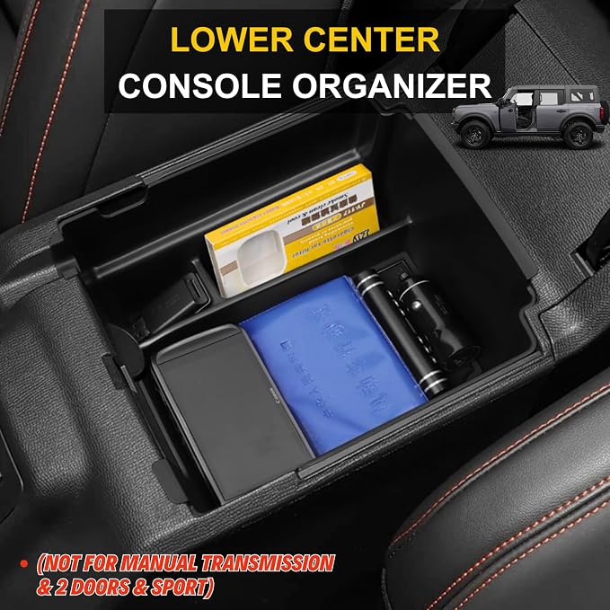 Center Console Organizer for 2025 2026 Ford Bronco 4 Door Accessories - Double Layer Armrest Storage Box Compartment & Center Console Cupholder Insert - (Only for Automatic Transmission & 4 Doors)