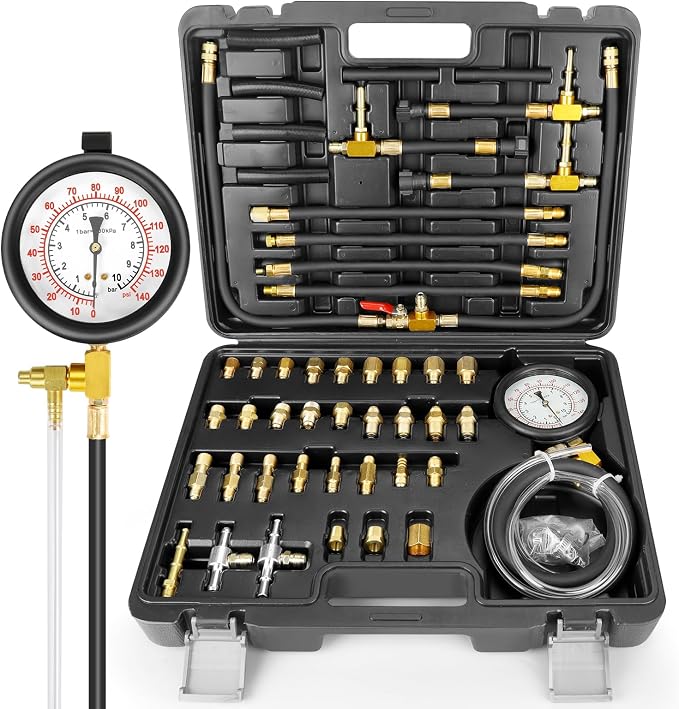 Pro Fuel Injection Pressure Tester Kit Gauge 0-140 PSI with 9.49,7.89,6.30 Fuel Line Fittings