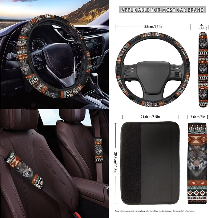 Aztec Wolf Car Front Back Seat Covers Full Set with Steering Wheel Cover Safe Belt Pads Cup Coasters Garbage Cans Rear View Mirror Cover Keychain Air Vent Storage Case, Set of 15