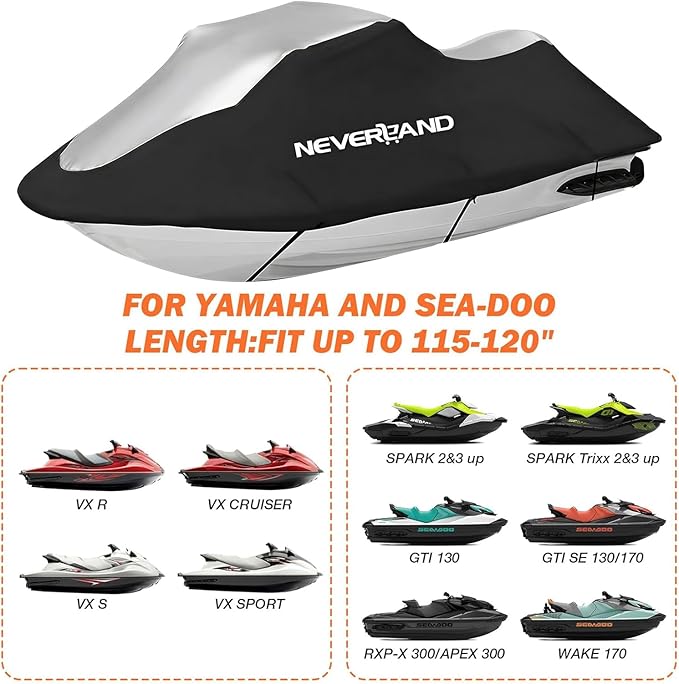 Jet Ski Cover Jetski Cover Compatible with Yamaha Seadoo, Trailerable Jet Ski Covers 2 3 Seater UV Resistant Waterproof Heavy Duty Jetski Covers with 2 Air Vents Suitable for PWC Lengths 115'' to 120"