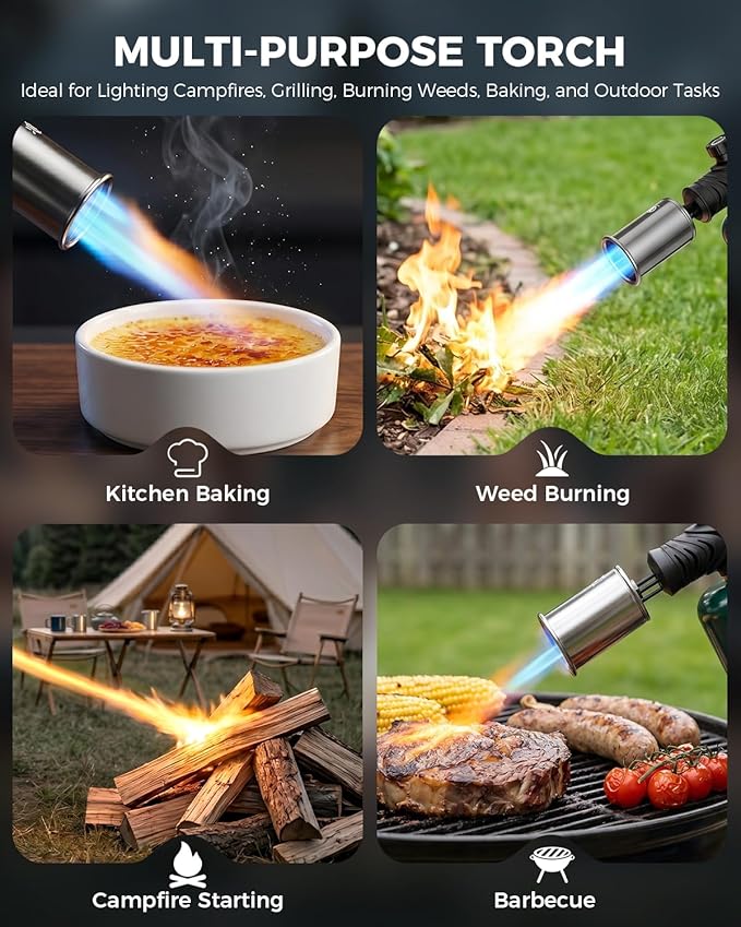 Propane Torch Gun, Weed Torch Propane Burner & Cooking Blow Torch with Safety Lock, One-Touch Max Fire, Adjustable Flame for Searing Steak, BBQ, Charcoal Starter & Weed Burning (Tank Not Included)